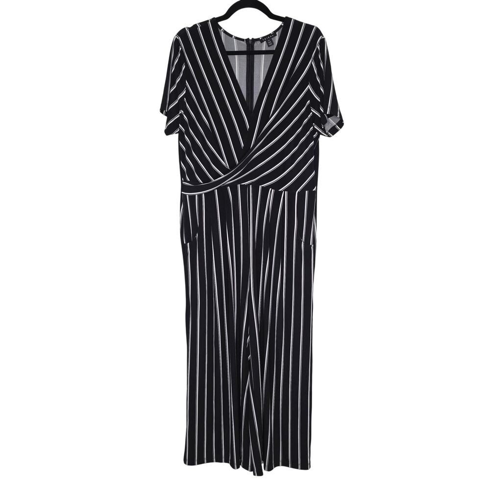 Tribal Jumpsuit Womens Large Black White Stripe V Neck Wide Leg Pockets Jersey